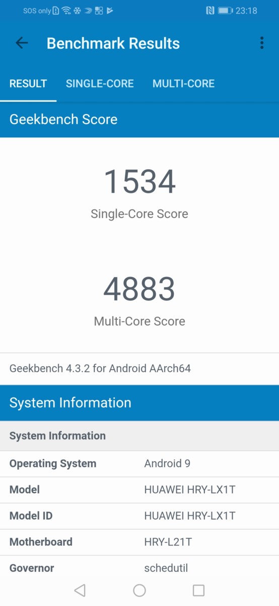 With normal mode on in Geekbench 4.0 on the HONOR 20 Lite