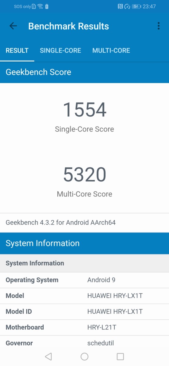 With Performance mode on in Geekbench 4.0 on the HONOR 20 Lite