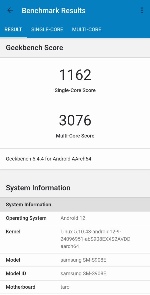 Samsung Galaxy S22 Ultra Performance and Benchmarks - Geekbench 5 A1
