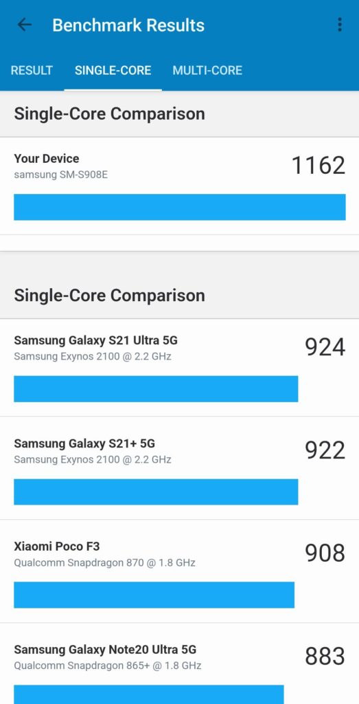 Samsung Galaxy S22 Ultra Performance and Benchmarks - Geekbench 5 A1 comp